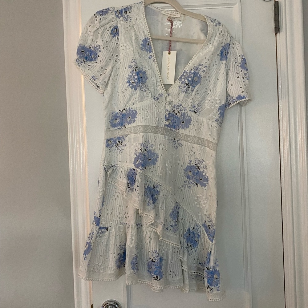 LoveShackFancy White and Blue Mini Dress